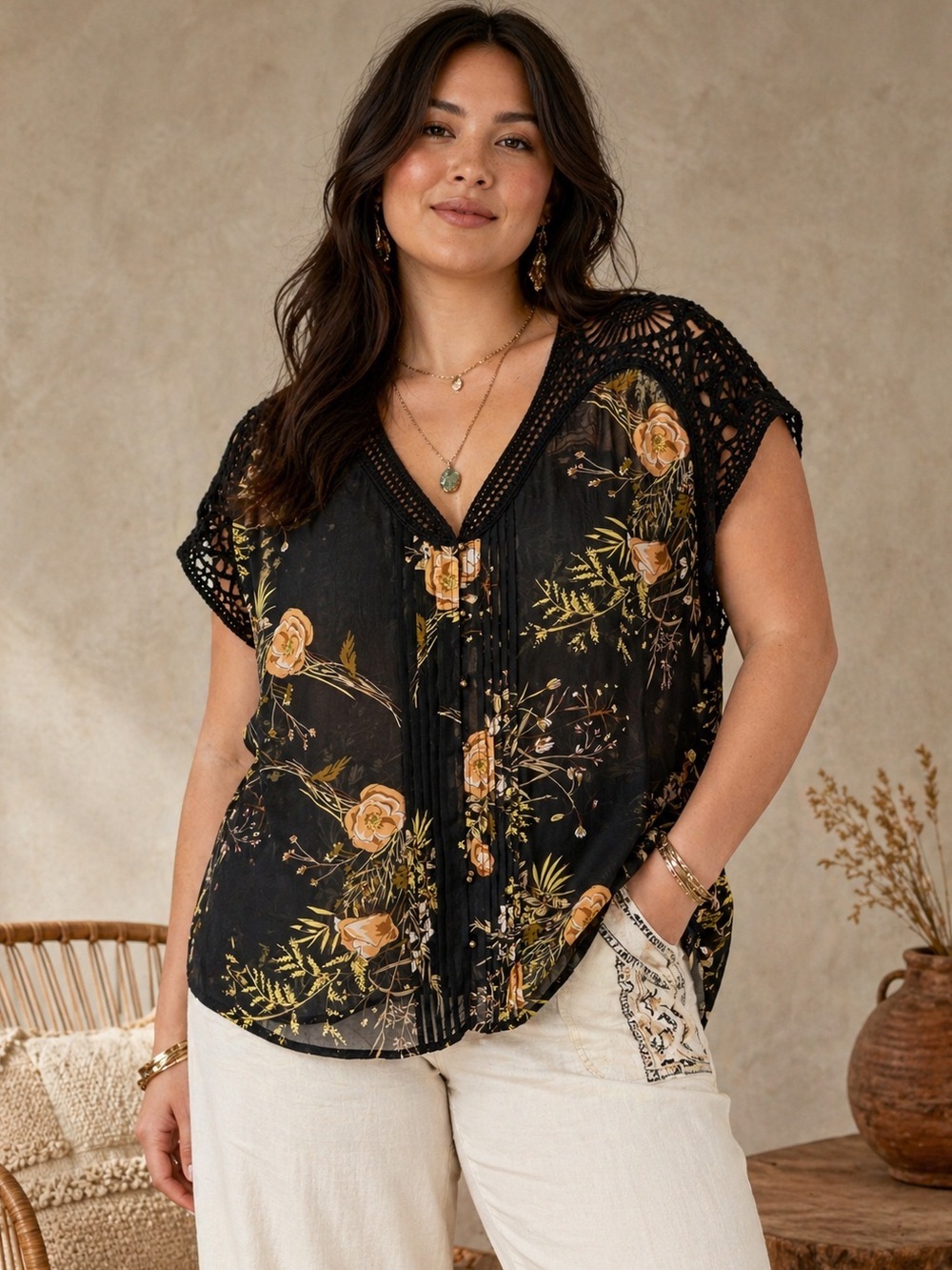 Anthropologie Black Crochet Floral Sheer Button Front Boho Feminine Blouse Top